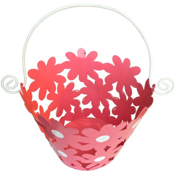 RARE: Vtg Metal Cut-out Daisy Basket Pink White Handle Phillipines Spring Easter - Picture 3 of 8